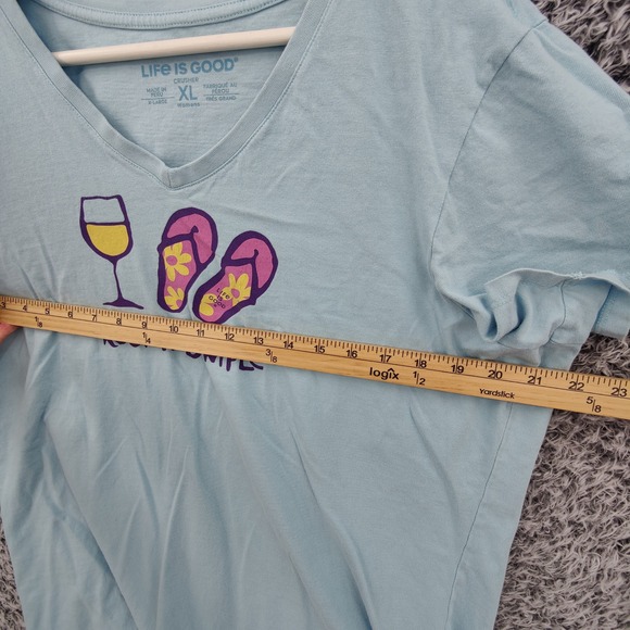 Life is Good Womens Coastal Beachy Crusher Tee XL Blue Wine Flip Flops Graphic - Picture 3 of 16